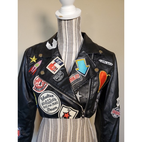 Hot & Delicious Faux Leather Jacket SMALL Cropped Punk Biker Patches Moto - Picture 2 of 16